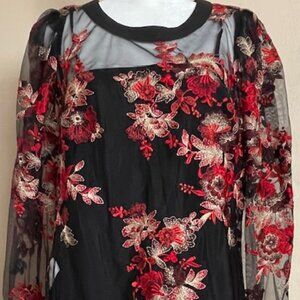 BCBG Black Lace Red Floral Blouse